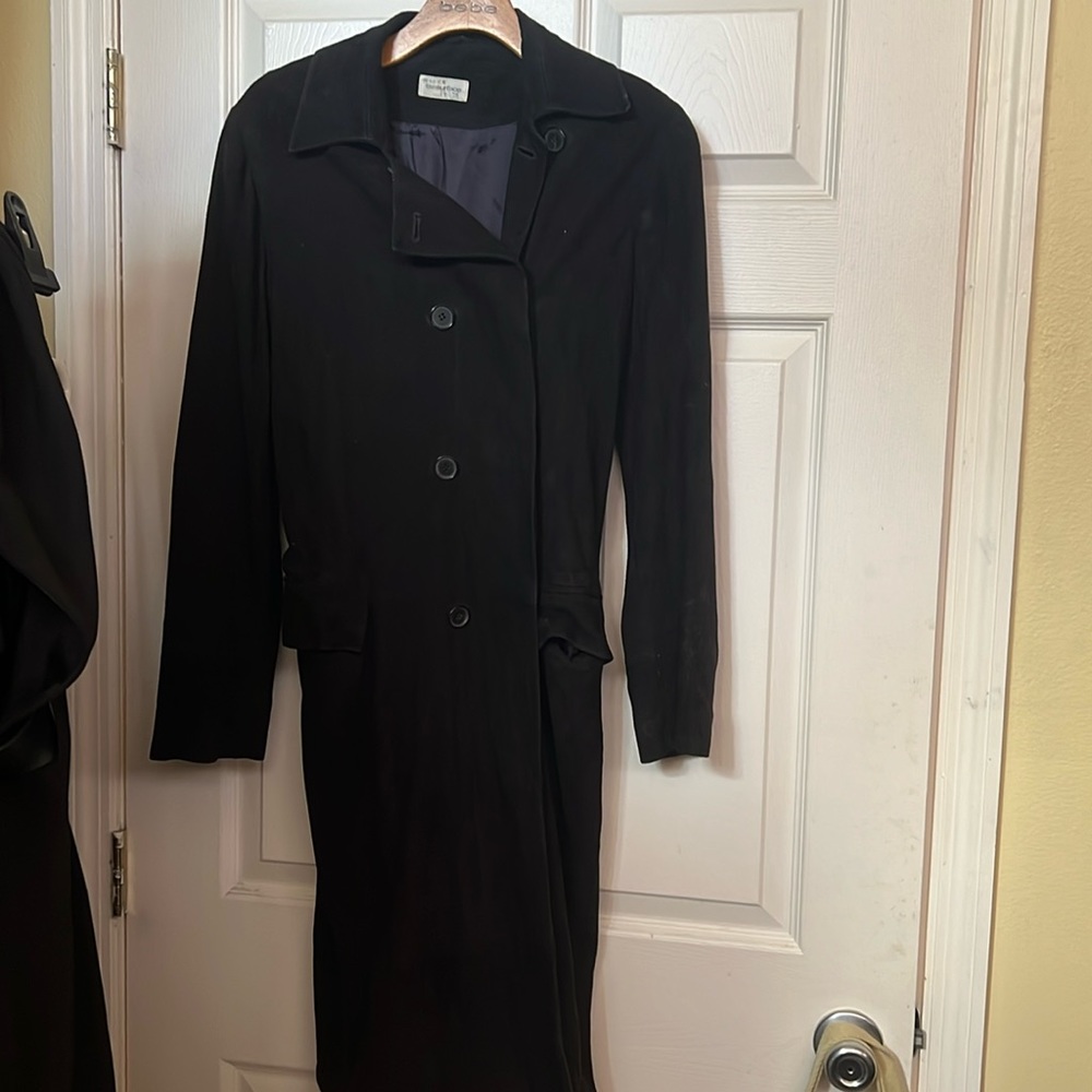 Black suede double button dress trench coat sz 4